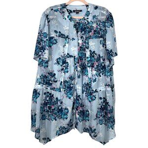 Roamans Womens Sheer Button Up Tunic 26W Blue Floral Bloomcore Handkerchief Hem